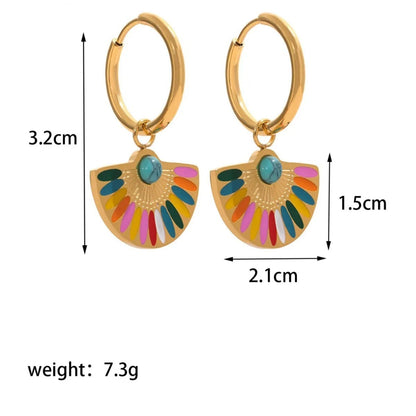 GOLD TURQUOISE FAN HOOP EARRINGS