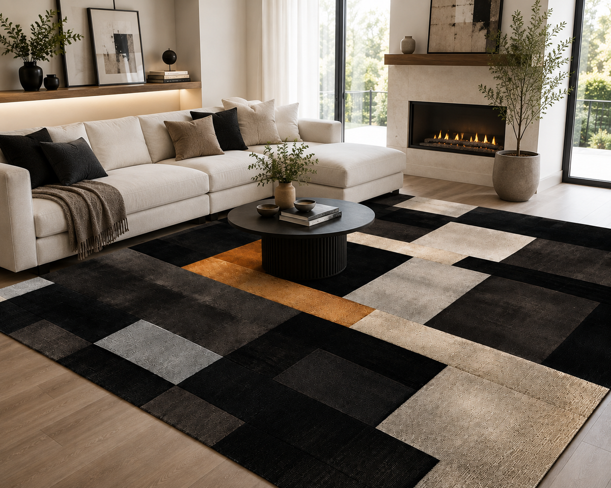 BLACK BROWN ABSTRACT LIVING ROOM RUG