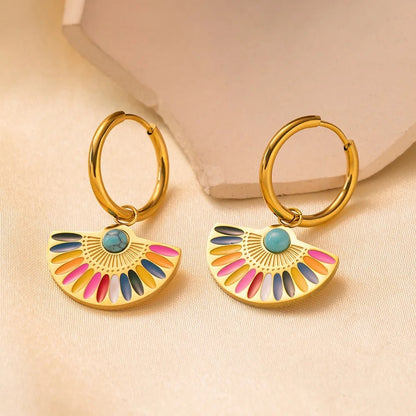 GOLD TURQUOISE FAN HOOP EARRINGS