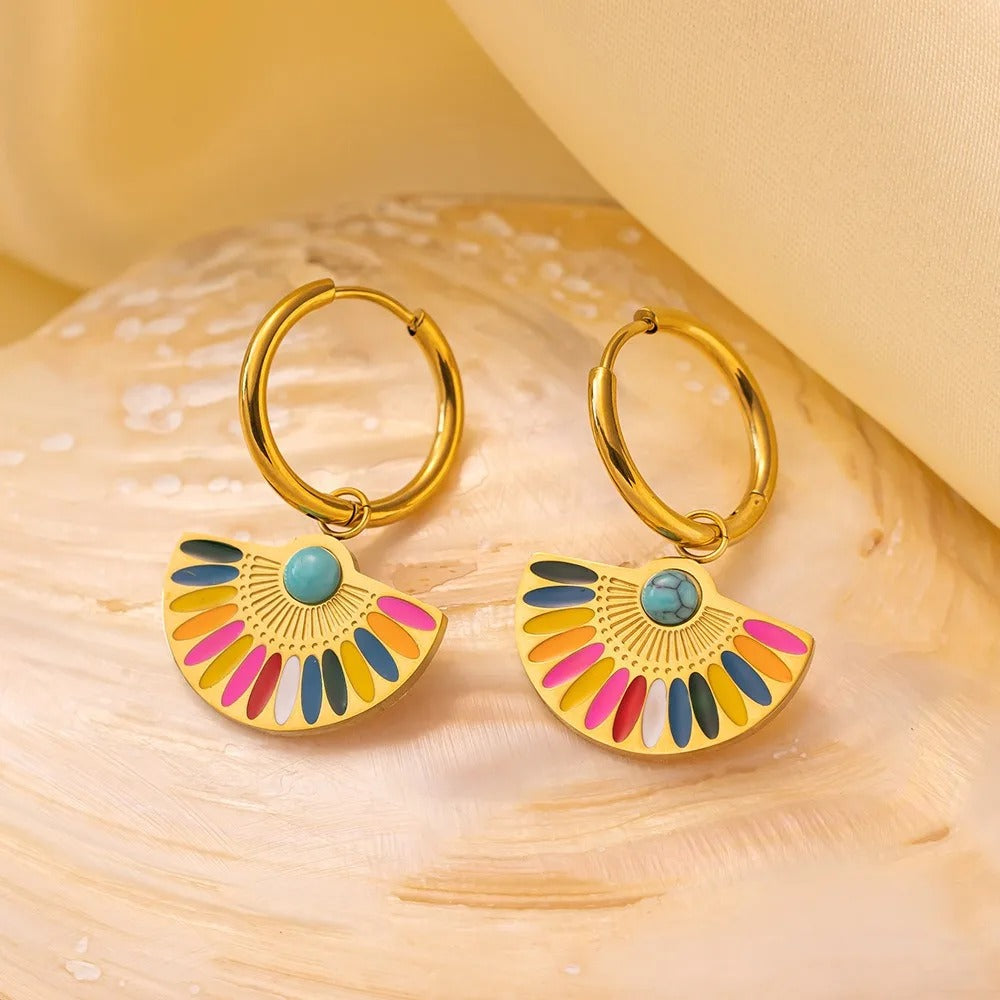 GOLD TURQUOISE FAN HOOP EARRINGS