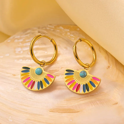 GOLD TURQUOISE FAN HOOP EARRINGS