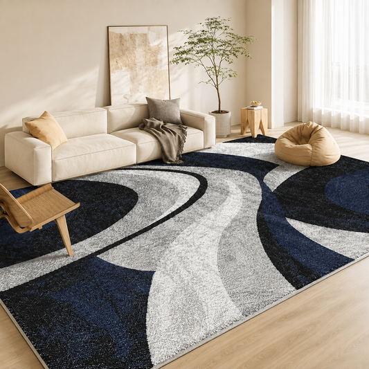 Abstract Wave Area Rug - Navy Blue & Black