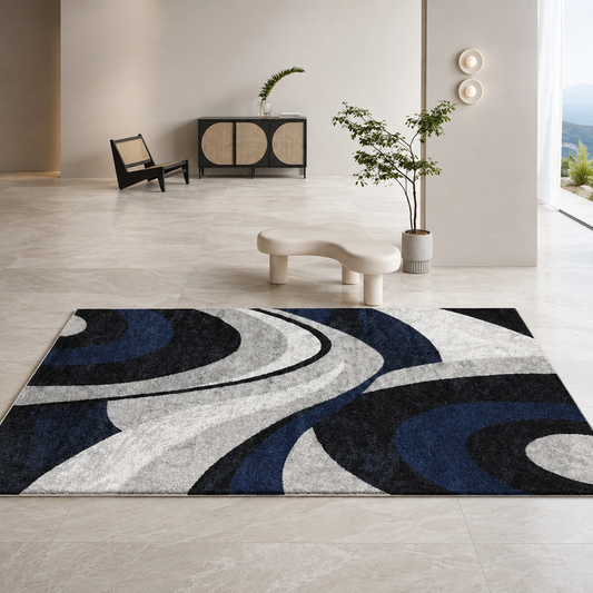 Abstract Wave Area Rug - Navy Blue & Black