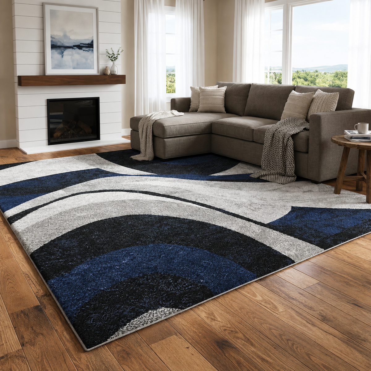 Abstract Wave Area Rug - Navy Blue & Black