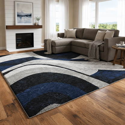 Abstract Wave Area Rug - Navy Blue & Black