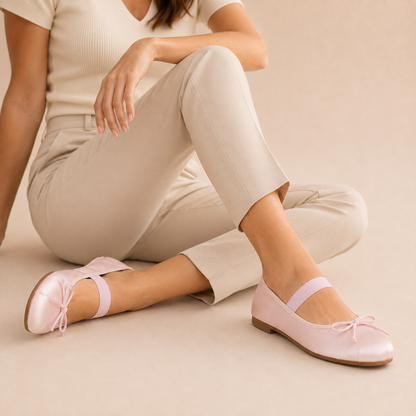 Women’s Satin Bow Ballet Flats with Elastic Strap
