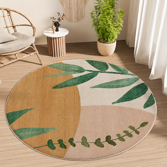 BEIGE BOTANICAL LEAF ROUND RUG