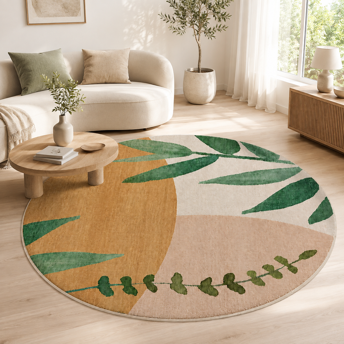 BEIGE BOTANICAL LEAF ROUND RUG
