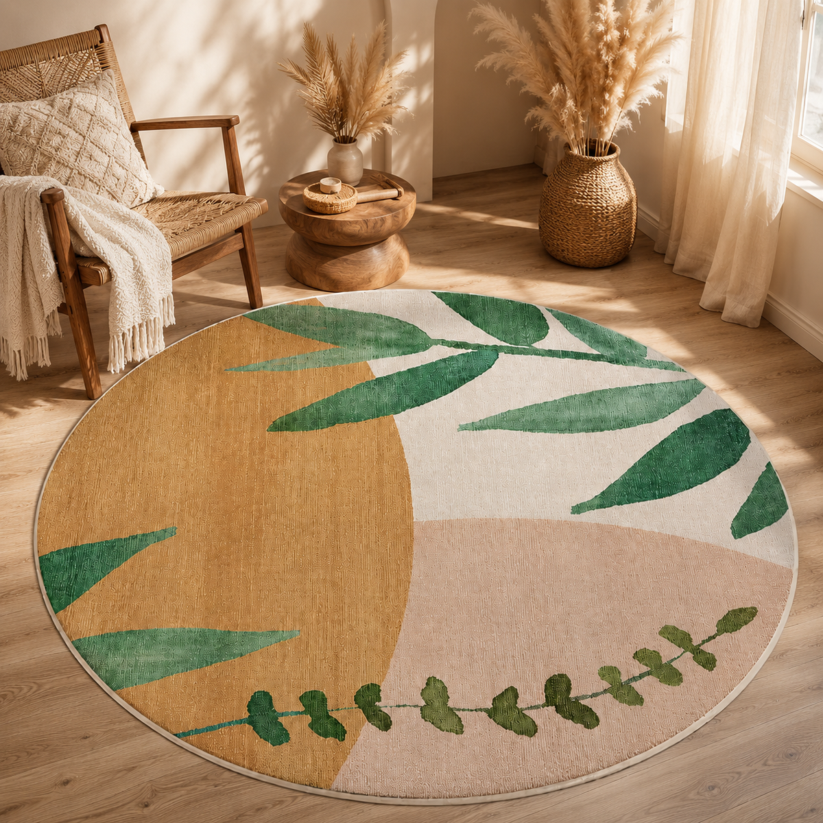 BEIGE BOTANICAL LEAF ROUND RUG