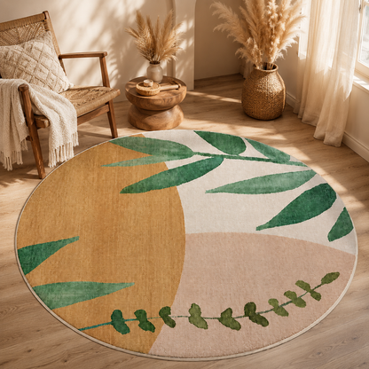 BEIGE BOTANICAL LEAF ROUND RUG