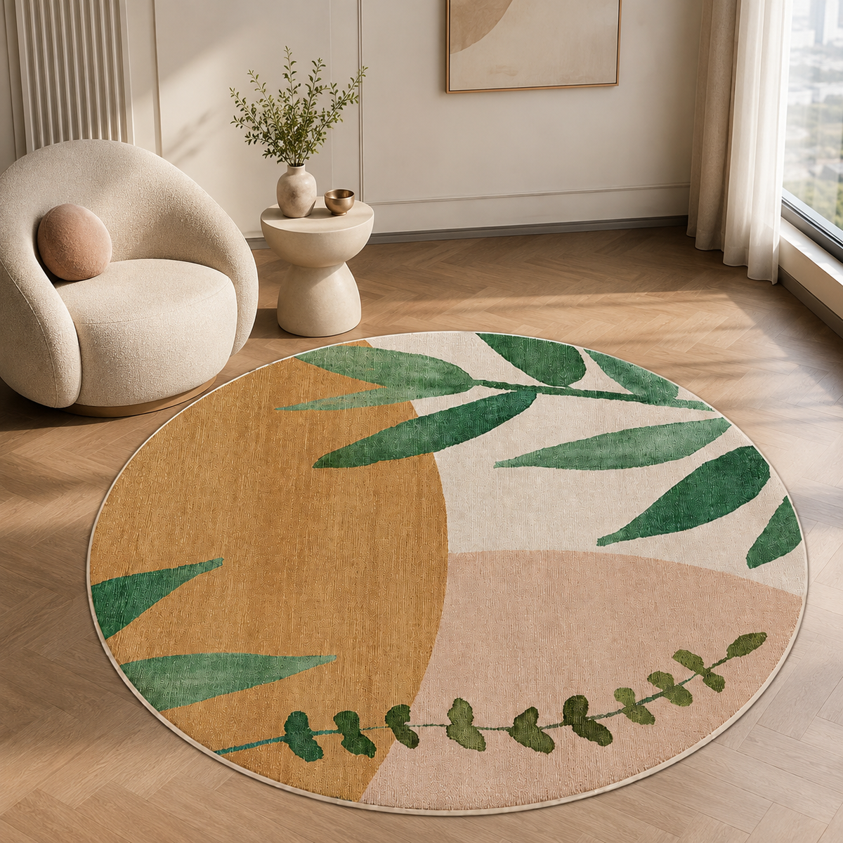 BEIGE BOTANICAL LEAF ROUND RUG