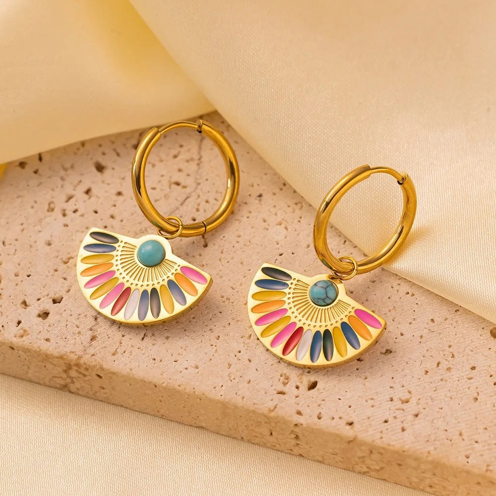 GOLD TURQUOISE FAN HOOP EARRINGS