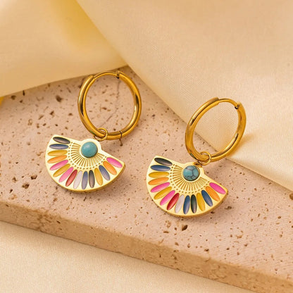 GOLD TURQUOISE FAN HOOP EARRINGS